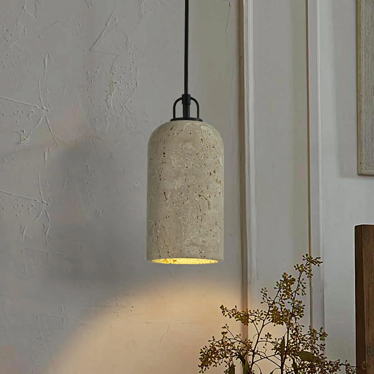 1-Light W5in Modern Famhouse Pendant Light Single Natural Travetine Stone Shade Coastal Cylinder Hanging Light for Bedroom and Kitchen Island