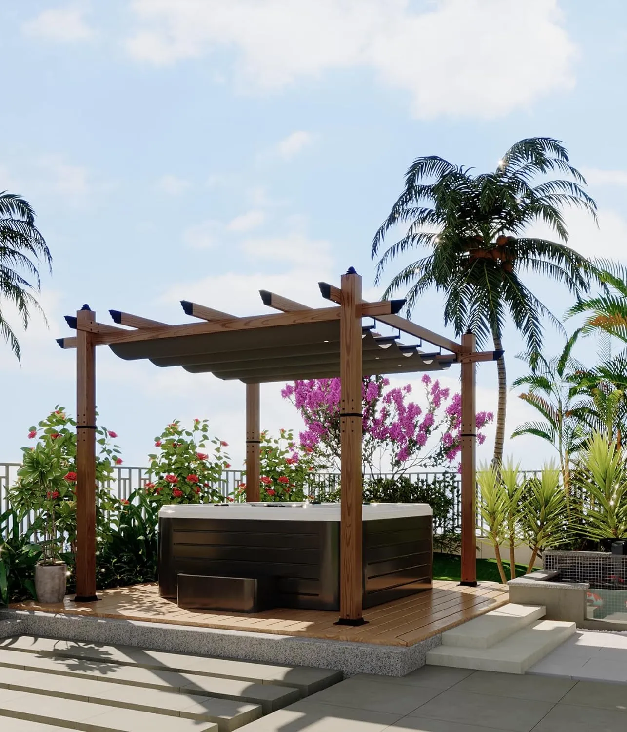 10' X 10' Outdoor Pergola with Retractable Canopy Aluminum Pergola Faux Wood Metal Pergolas Shelter for Backyard, Deck, Patio, Garden Porch Beach Sun Shade Pavilion Grape Trellis Grill, Gray