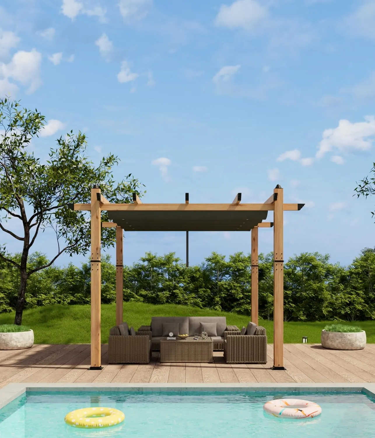 10' X 10' Outdoor Pergola with Retractable Canopy Aluminum Pergola Faux Wood Metal Pergolas Shelter for Backyard, Deck, Patio, Garden Porch Beach Sun Shade Pavilion Grape Trellis Grill, Gray