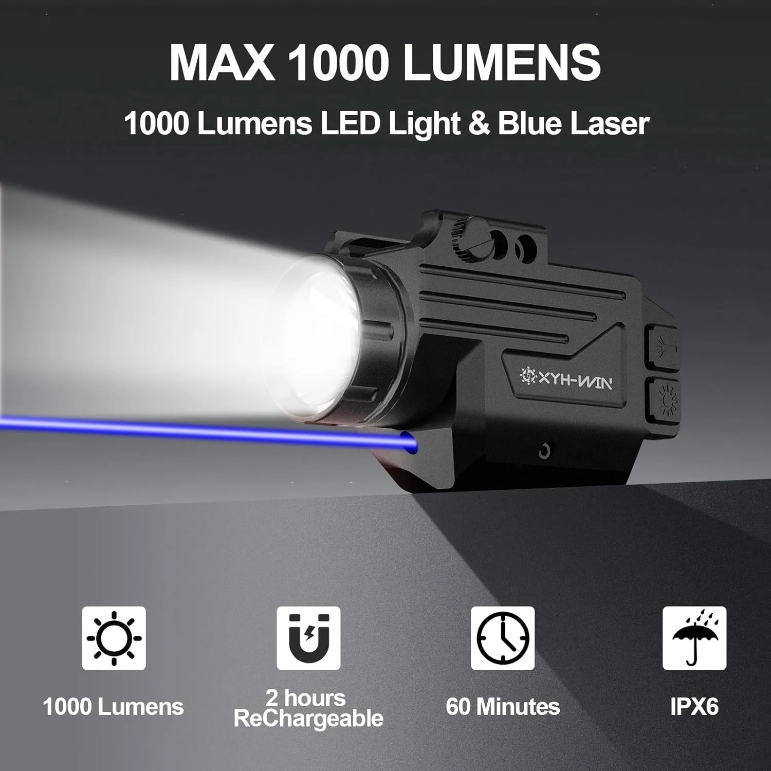 1000 Lumens Light Laser Combo with Strobe and Memory Function, Aluminum Shell Blue Laser Sight and High Power Light for Pistol Fits for Picatinny Rail & Full Compact Rail, Magnetic Rechargeable