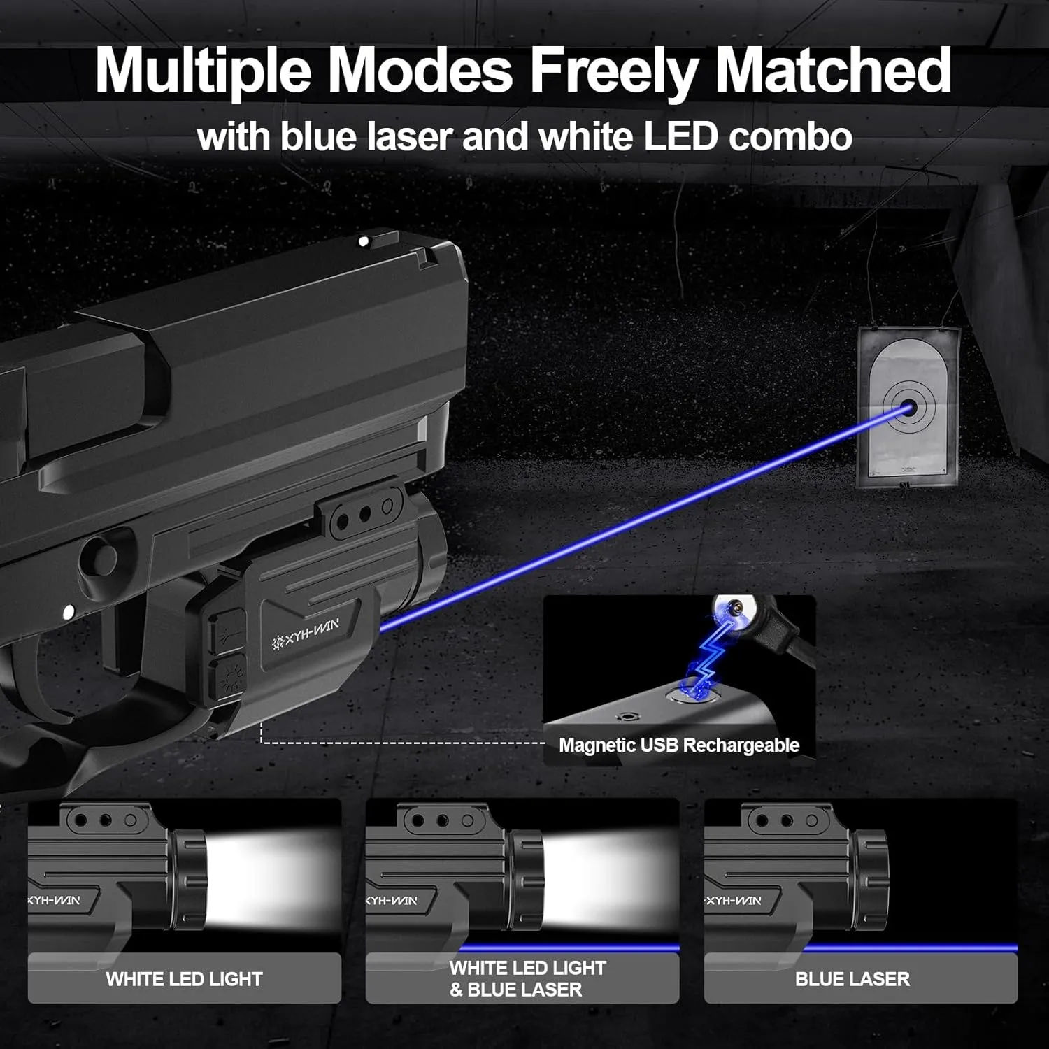 1000 Lumens Light Laser Combo with Strobe and Memory Function, Aluminum Shell Blue Laser Sight and High Power Light for Pistol Fits for Picatinny Rail & Full Compact Rail, Magnetic Rechargeable