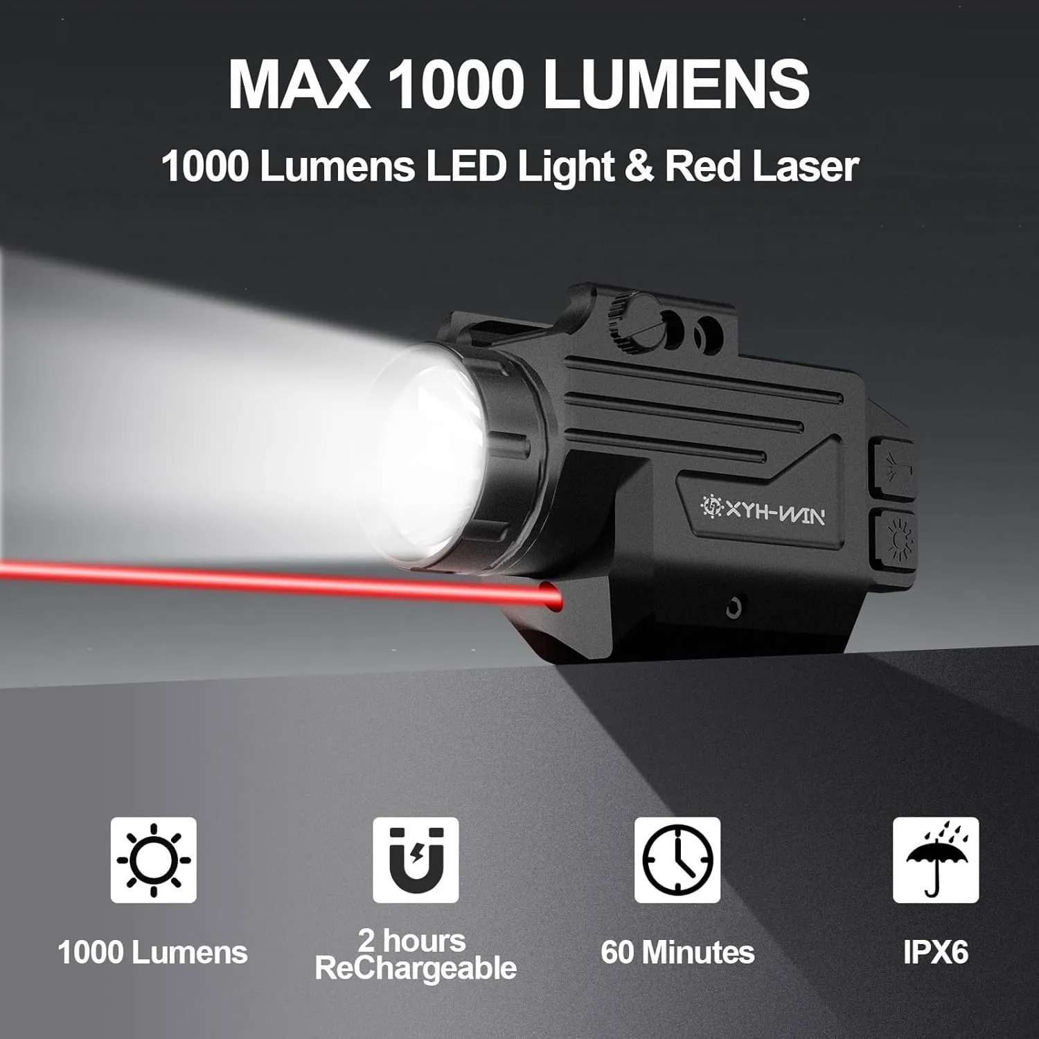 1000 Lumens Light Laser Combo with Strobe and Memory Function, Aluminum Shell Red Laser Sight and High Power Light for Pistol Fits for Picatinny Rail & Full Compact Rail, Magnetic Rechargeable
