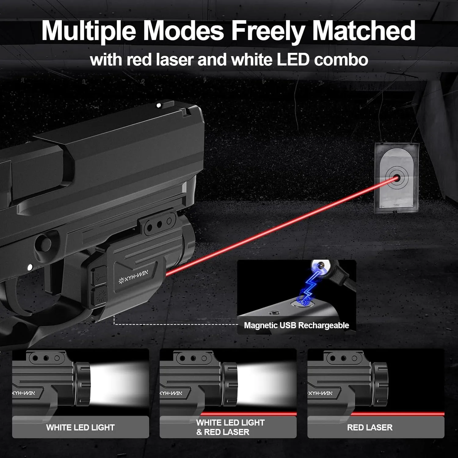 1000 Lumens Light Laser Combo with Strobe and Memory Function, Aluminum Shell Red Laser Sight and High Power Light for Pistol Fits for Picatinny Rail & Full Compact Rail, Magnetic Rechargeable