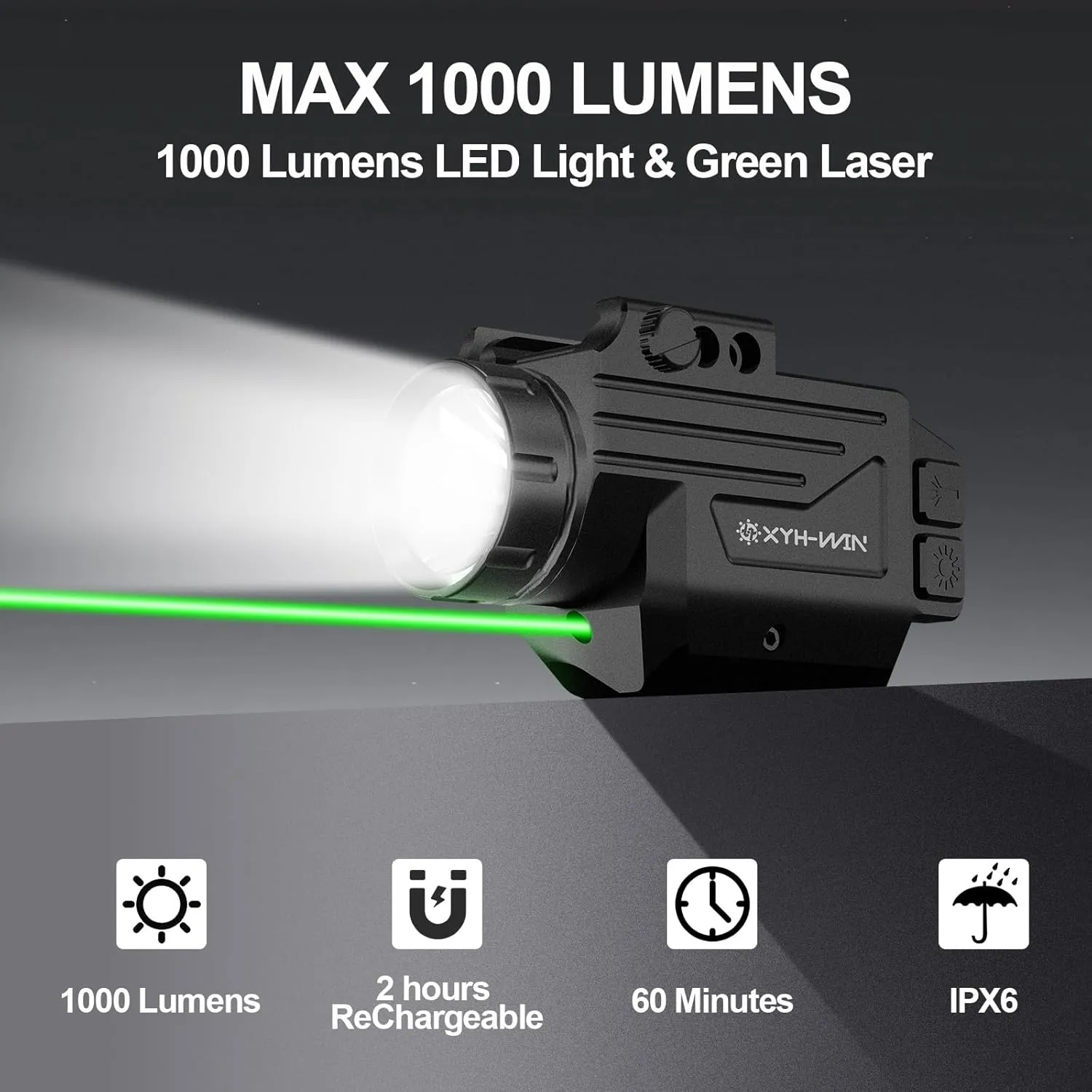 1000 Lumens Light Laser Combo with Strobe Function, Tactical Green Laser Sight and High Power Weapon Flashlight Fits for Picatinny Rail & Full Compact Rail,Aluminum Shell,Magnetic Rechargeable