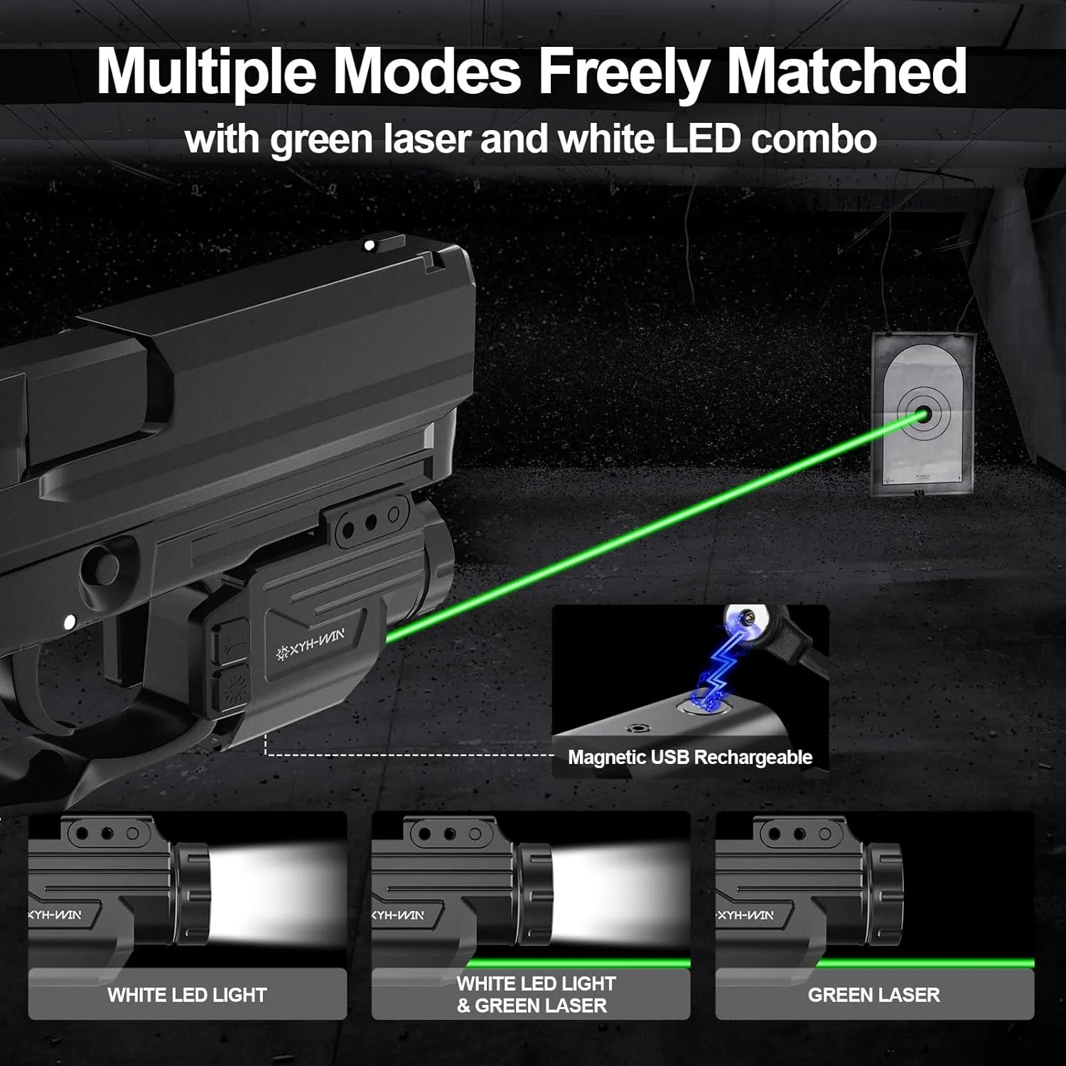 1000 Lumens Light Laser Combo with Strobe Function, Tactical Green Laser Sight and High Power Weapon Flashlight Fits for Picatinny Rail & Full Compact Rail,Aluminum Shell,Magnetic Rechargeable