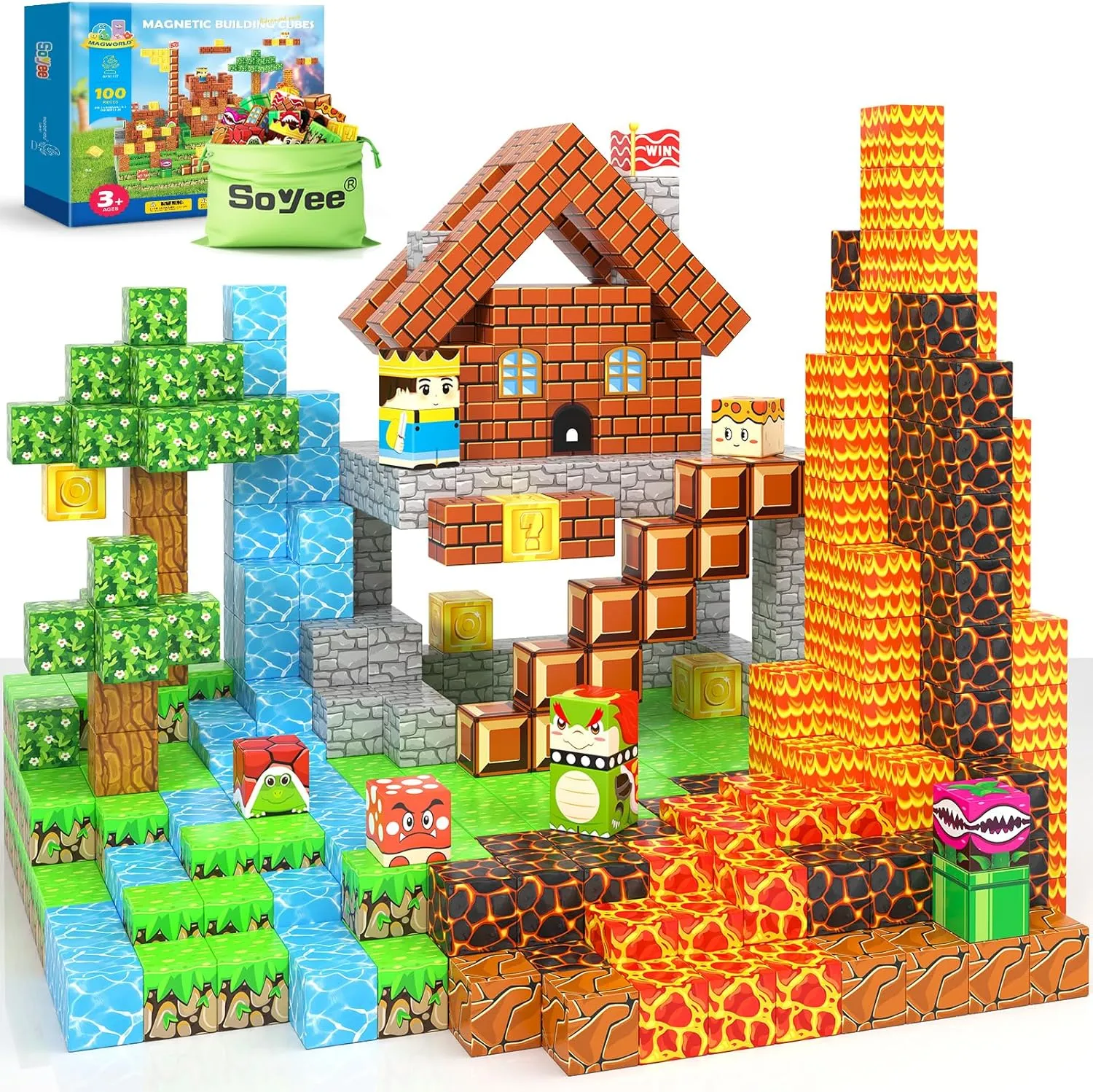100pcs Magnetic Blocks - Build Mine Magnet World Game Adventure Set STEM Building Toys for Kids 3  Years Old 1” Magnetic Cubes for Boys Toddler Boy Gifts Toys for Ages 3-5 5-7 8-12
