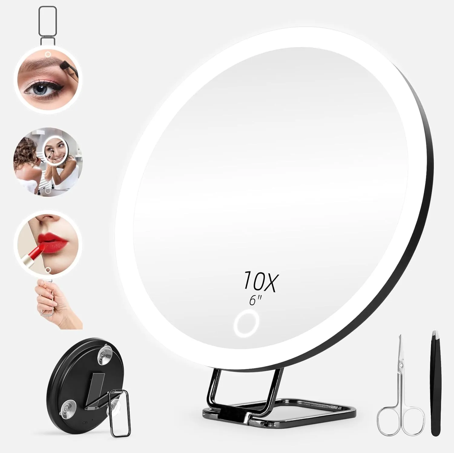 10X Magnifying Mirror with Lights, 6inch Makeup Magnified Mirror 10x Lighted Travel Magnification with 3 Suction Cups and 360° Adjustable Bracket - Includes Tweezers & Scissors