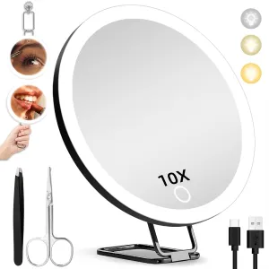10X Magnifying Mirror with Lights, 6inch Makeup Magnified Mirror 10x Lighted Travel Magnification with 3 Suction Cups and 360° Adjustable Bracket - Includes Tweezers & Scissors