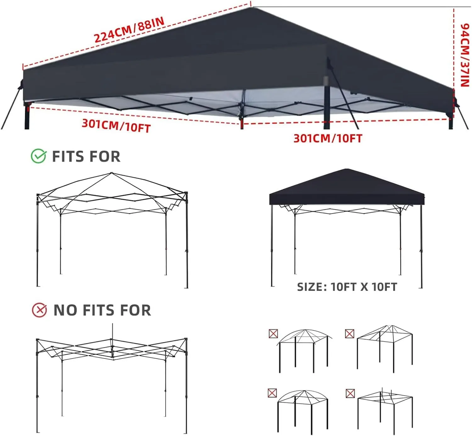 10x10 Canopy Replacement Top Only,Waterproof Pop Up Canopy Tent Top Replacement Cover Roof with Windproof Ropes for Straight Leg Frame, 420D Polyester for Outdoor Garden Pavilion Sun Shade(Gray)