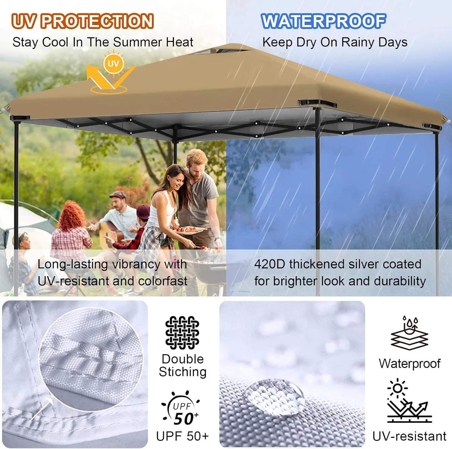 10x10ft Canopy Replacement Top with Air Vent Heavy-Duty, Waterproof, UV-Resistant Pop Up Cover for Straight Leg Tent, for Standard 10x10 Canopy Frames for Outdoor Camping (Khaki)