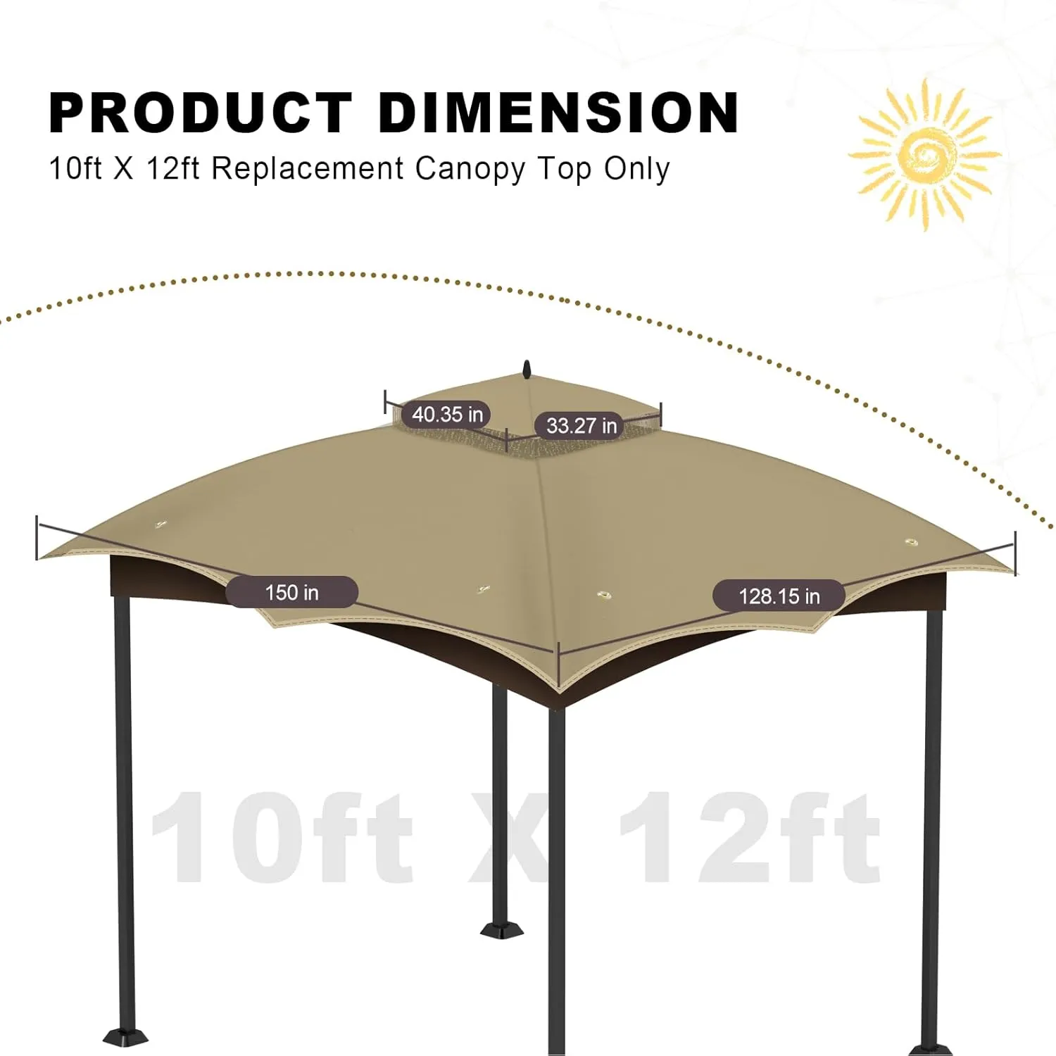 10x12 Replacement Gazebo Canopy Top Cover, Double Tiered Waterproof Canopy Roof for Lowe's Allen Roth Gazebo #GF-12S004B-1 (Khaki)