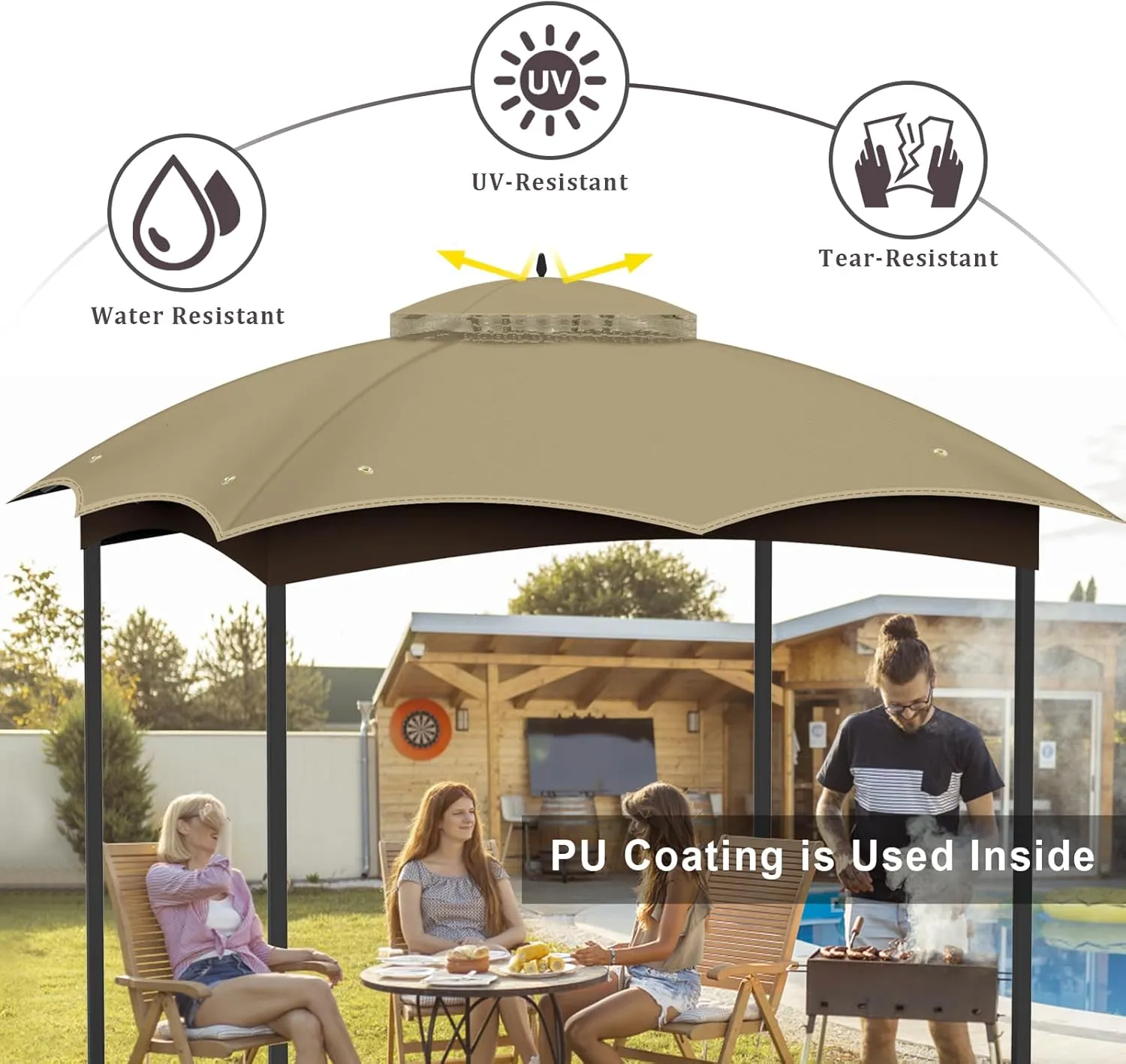 10x12 Replacement Gazebo Canopy Top Cover, Double Tiered Waterproof Canopy Roof for Lowe's Allen Roth Gazebo #GF-12S004B-1 (Khaki)