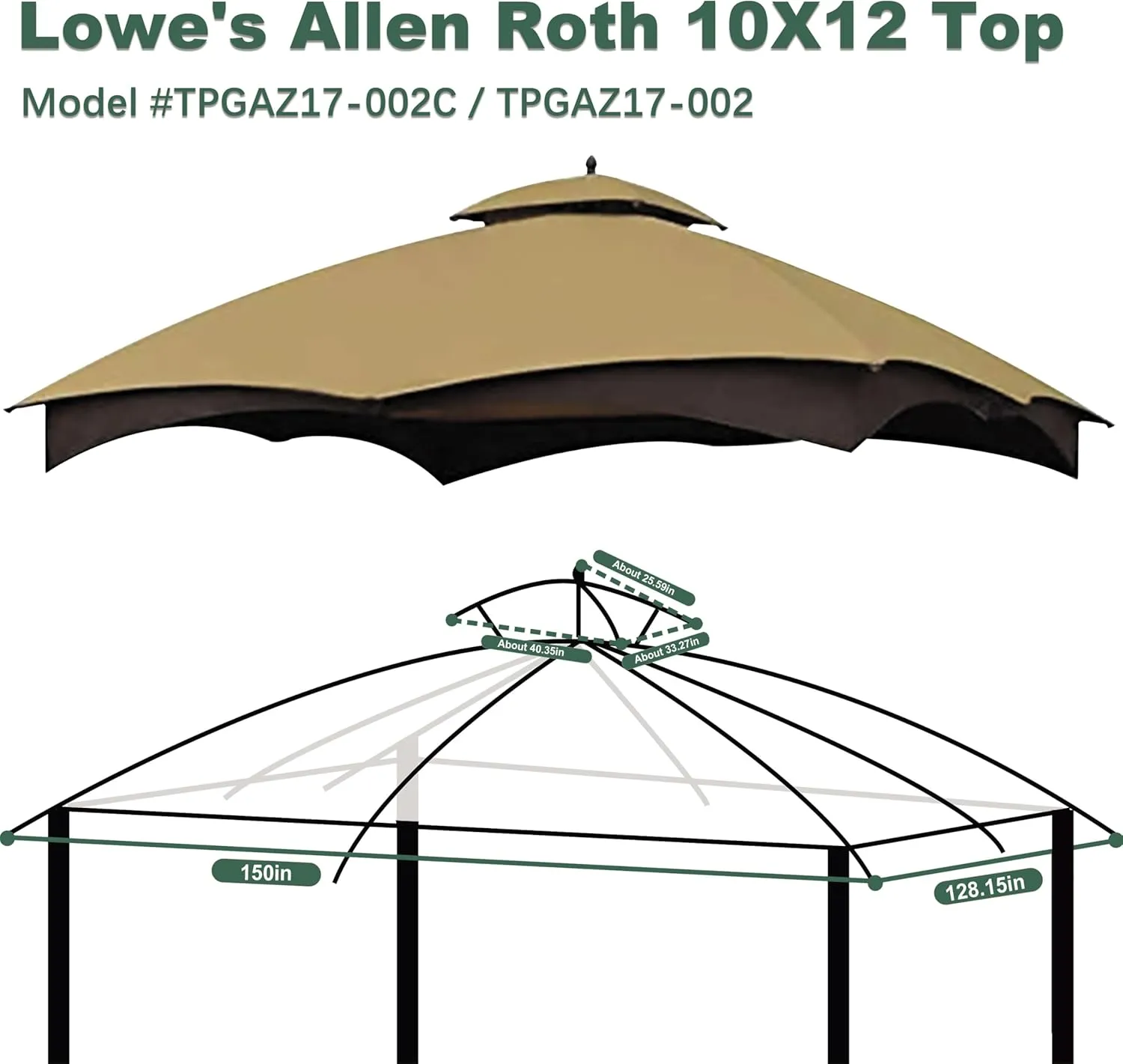 10X12 Replacement Gazebo Cover for Lowe's Gazebo Model #TPGAZ17-002C,TPGAZ17-002 (Beige)