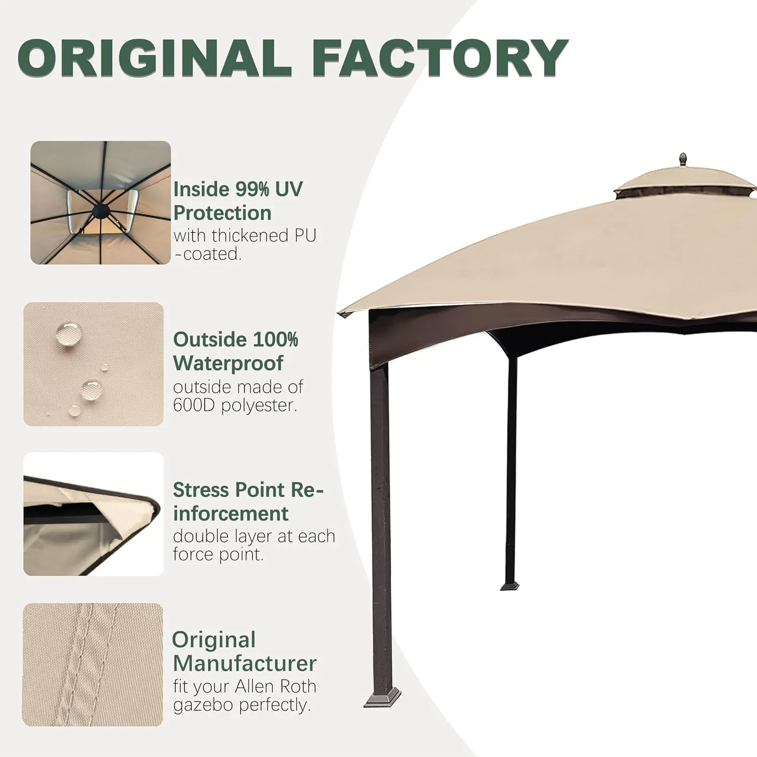 10X12 Replacement Gazebo Cover for Lowe's Gazebo Model #TPGAZ17-002C,TPGAZ17-002 (Light Beige)