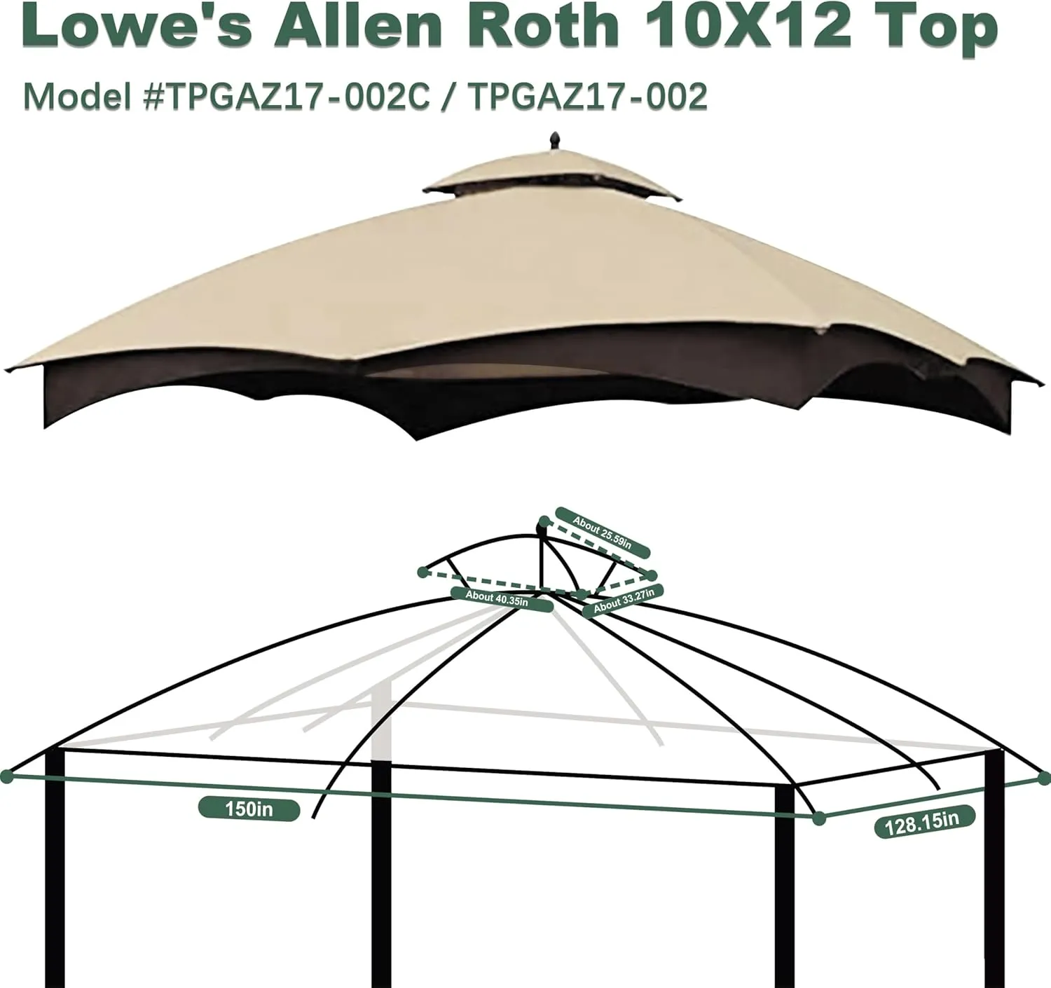 10X12 Replacement Gazebo Cover for Lowe's Gazebo Model #TPGAZ17-002C,TPGAZ17-002 (Light Beige)