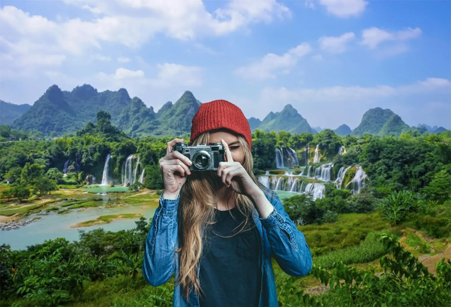 10x8ft Mountain Landscape Backdrop Nature Scenery Green Trees Forest Mountains Waterfall Photography Background Travel Picnic Theme Decorations Children Adults Portrait Photo Studio Props