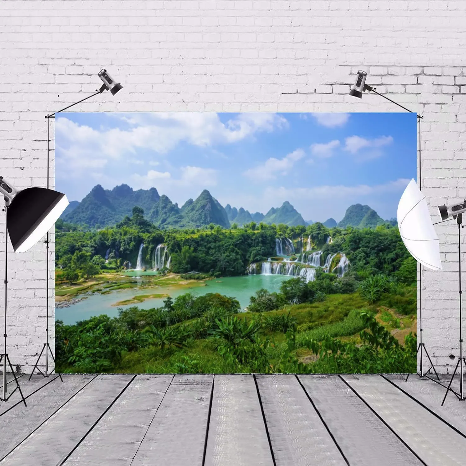 10x8ft Mountain Landscape Backdrop Nature Scenery Green Trees Forest Mountains Waterfall Photography Background Travel Picnic Theme Decorations Children Adults Portrait Photo Studio Props