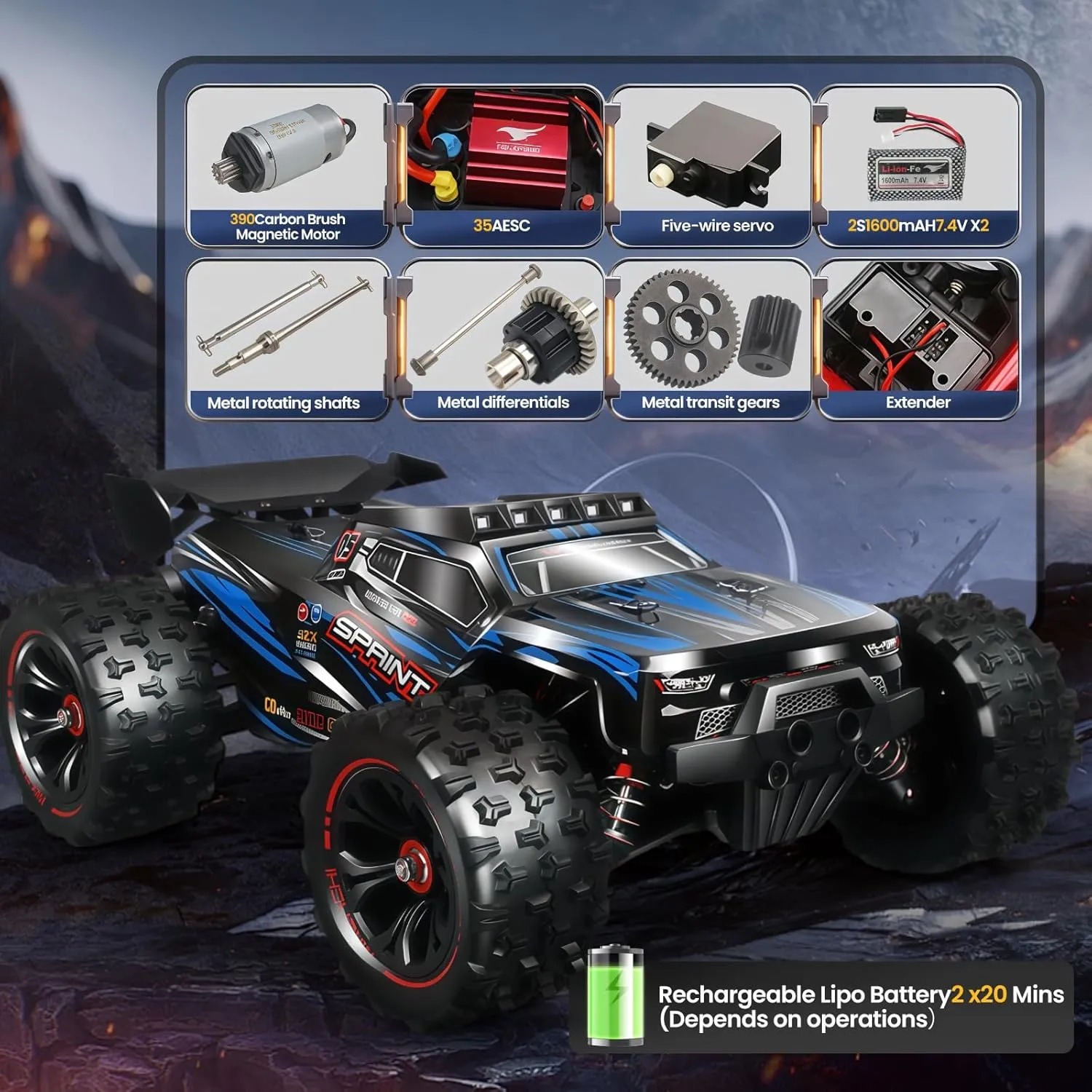 1/14 Fast RC Cars for Adults 48  KM/H. 4WD All Terrain High Speed Remote Control Car.with 2.4 GHz Remote Control.with LED Shell Lights，Two Rechargeable Batteries Truck for Adults & Kids