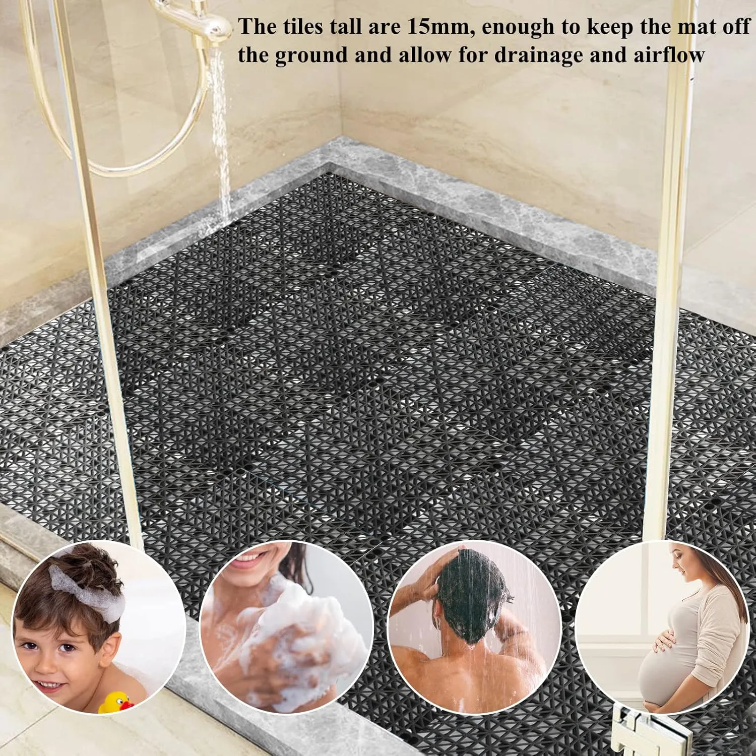 12 Pack Interlocking Floor Tiles 11.8" x 11.8" Interlocking Rubber Floor Mat Outdoor Non Slip Splicing Drainage Mats for Shower, Deck, Pool, Patio, Balcony, Kitchen, Yard