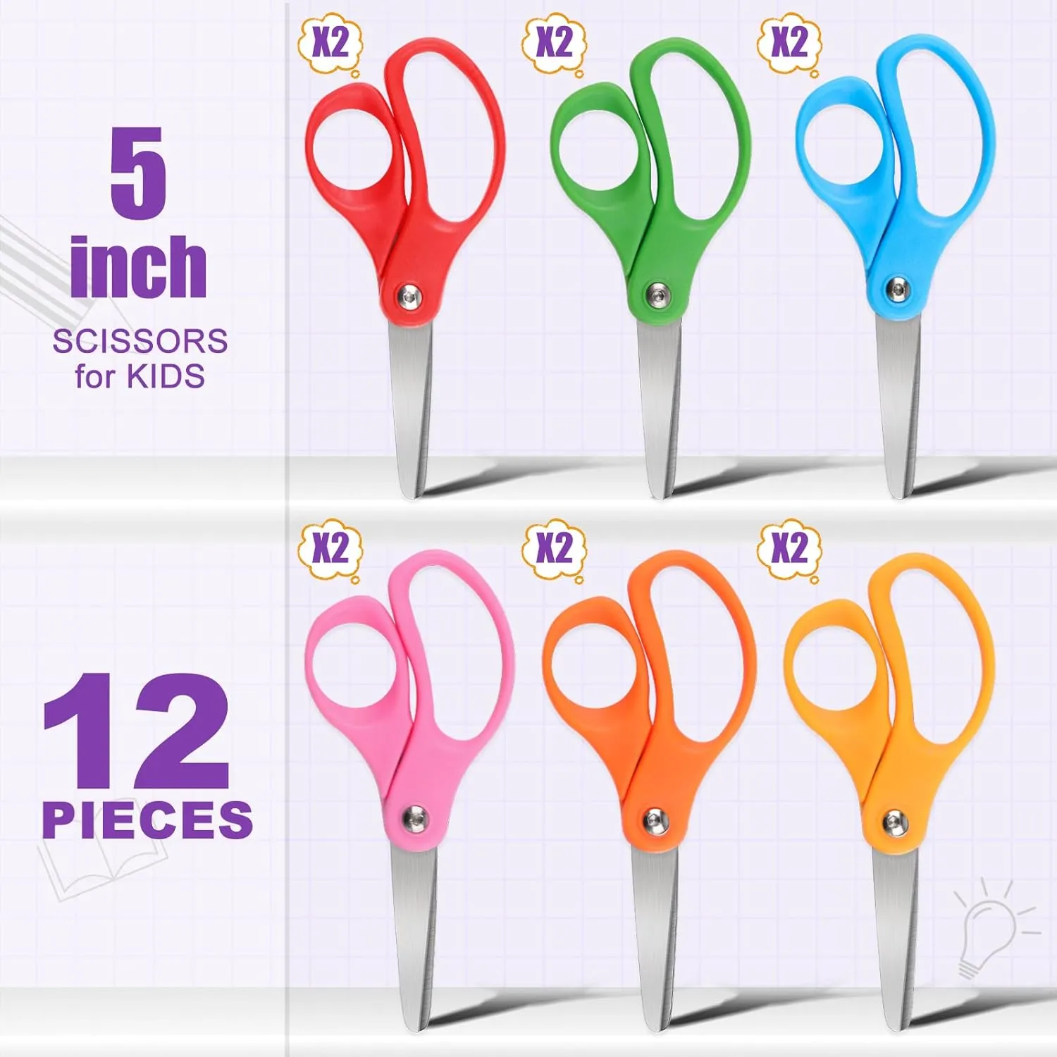 12 Packs 5" Small School Student Blunt Tip Craft Kids Scissors, Stainless Steel Blades Comfort Grip 5 Inch Safety Scissors Bulk for Children Toodler Cutting Paper