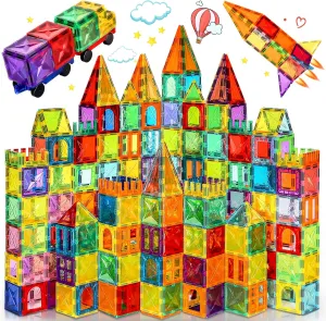 120Pcs Magnetic Tiles with 2 Cars Toy Set, Diamond Magnet Tiles 3D Building Blocks, Toddler Montessori Toys for 3 4 5 6 Years, STEM Preschool Kids Sensory Educational Toys Gift for Boys Girls