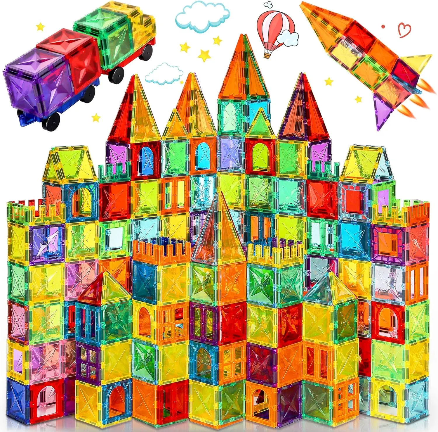 120Pcs Magnetic Tiles with 2 Cars Toy Set, Diamond Magnet Tiles 3D Building Blocks, Toddler Montessori Toys for 3 4 5 6 Years, STEM Preschool Kids Sensory Educational Toys Gift for Boys Girls