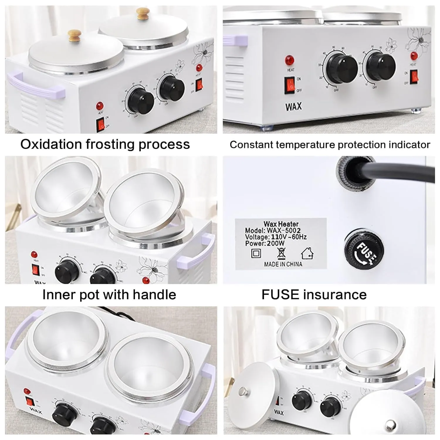 1.2L Double Portable Wax Warmer Machine for Painless Hair Removal, Women Men Professional Wax Heater with Adjustable Temperature Set, 40pcs Sticks