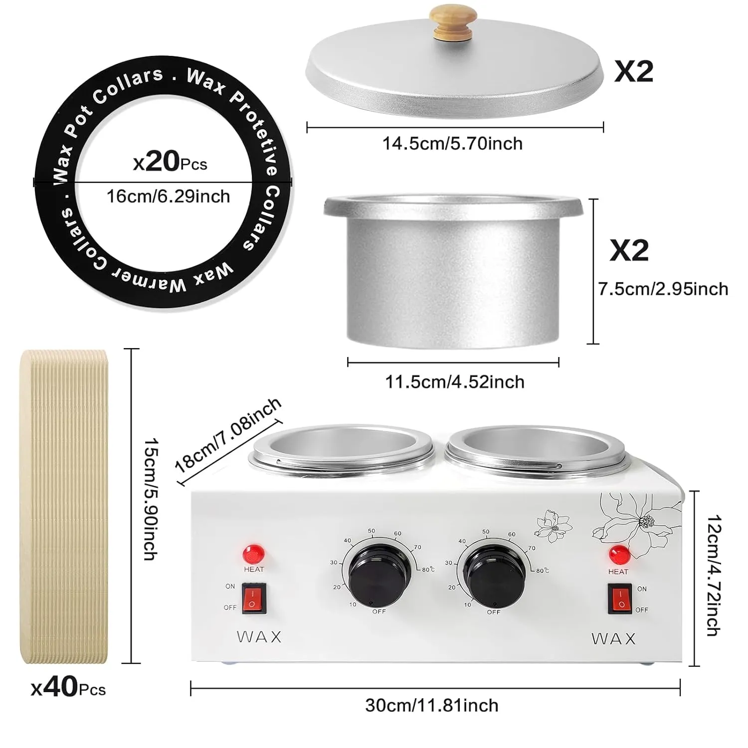 1.2L Double Portable Wax Warmer Machine for Painless Hair Removal, Women Men Professional Wax Heater with Adjustable Temperature Set, 40pcs Sticks