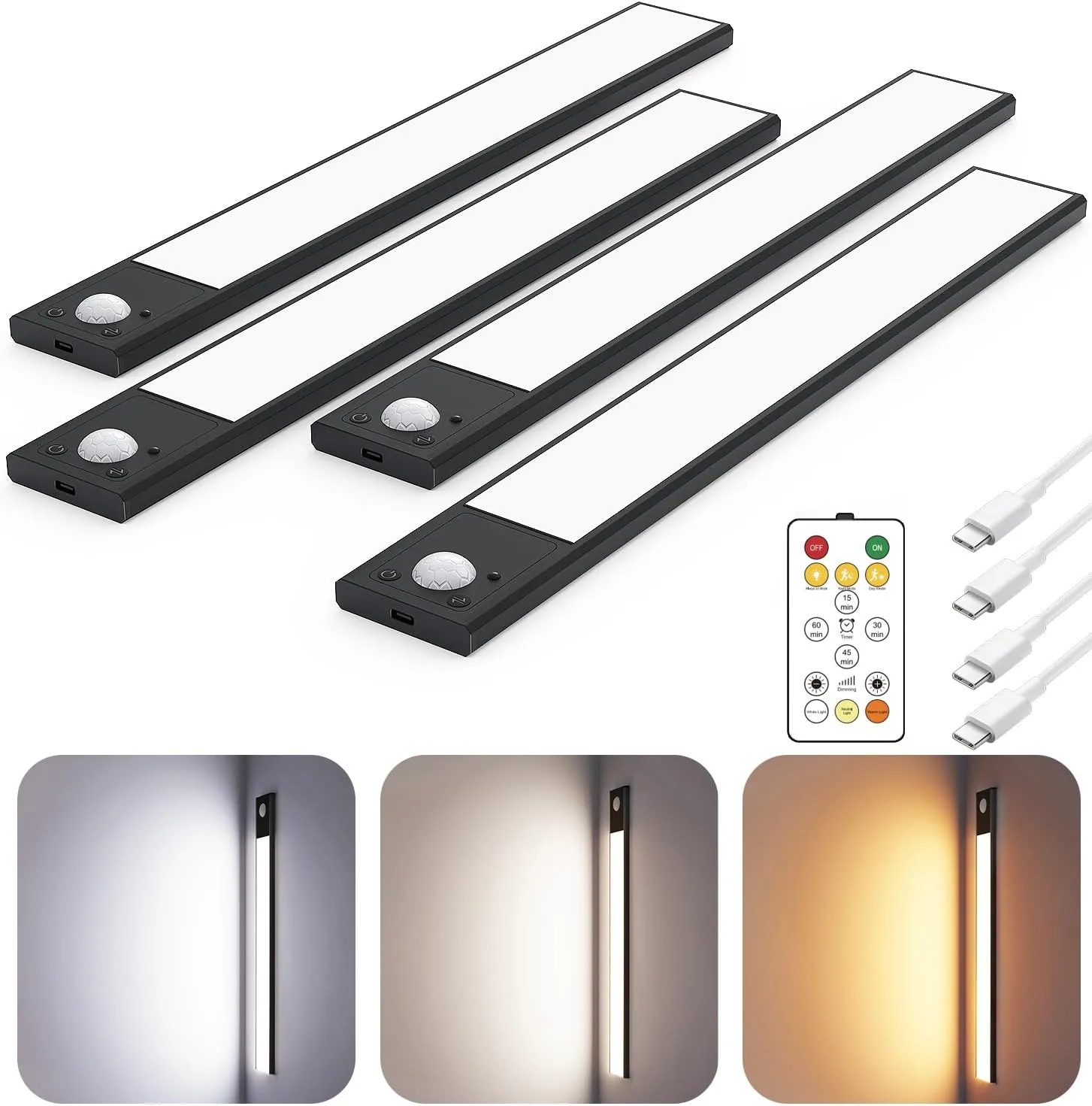 12" Ultra-Thin Under Cabinet Lighting Wireless, Aluminum Alloy Under Counter Lights for Kitchen, 3-Color-Temps Magnetic Closet Lights, Rechargeable Motion Sensor Light Indoor (4Pack, Black)
