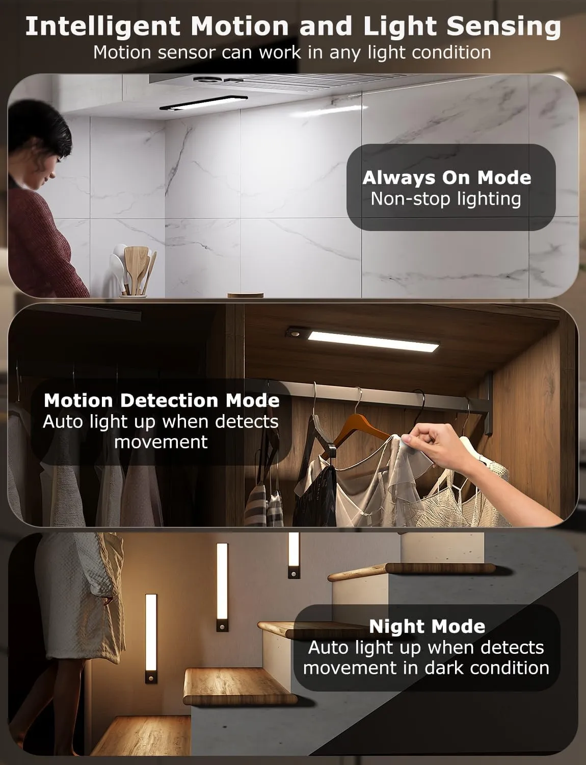 12" Ultra-Thin Under Cabinet Lighting Wireless, Aluminum Alloy Under Counter Lights for Kitchen, 3-Color-Temps Magnetic Closet Lights, Rechargeable Motion Sensor Light Indoor (4Pack, Black)