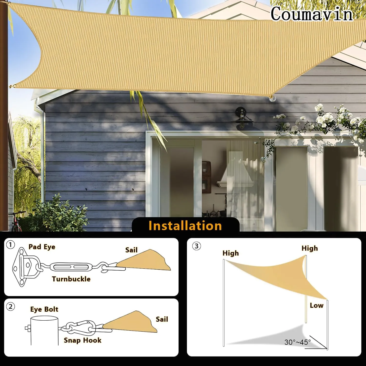 12'x12'x12' Sun Shade Sail Triangle Outdoor UV Block Canopy Sunshade Cover for Backyard Porch Pergola Deck Garden Patio, Sand
