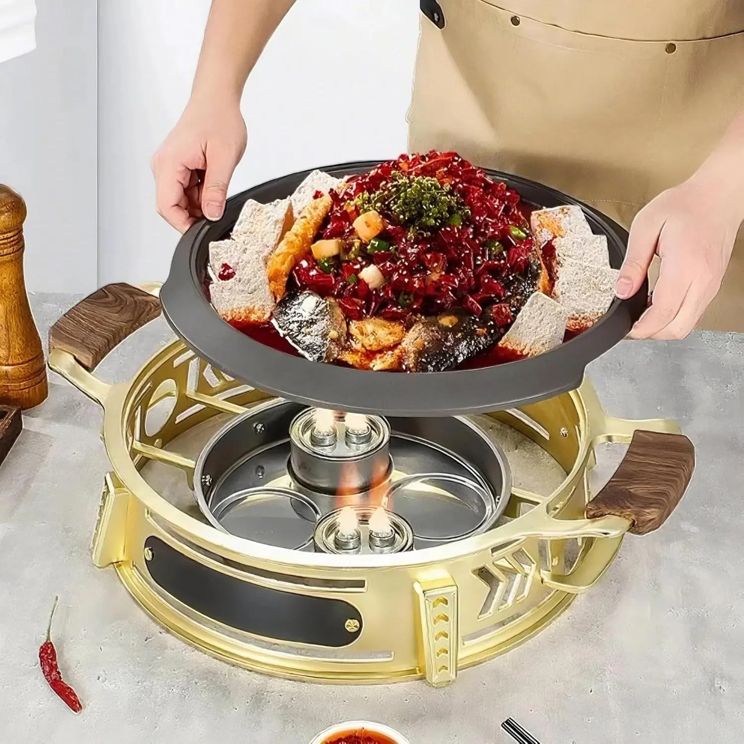 13-Inch/34cm Aluminum Alloy Frying Pan, Double Handle Grilled Fish Baking Tray, Hot Pot with Lid(BK-SG cover,34cm)