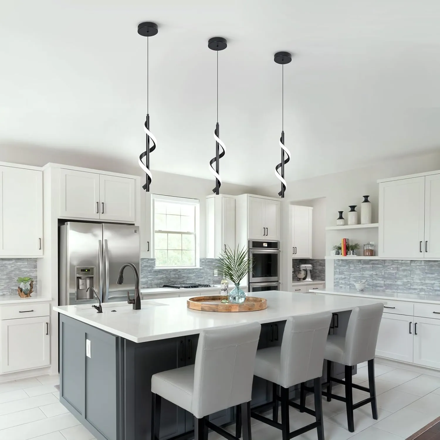 13W Modern Spiral Led Pendant Light Fixture, Cold White 5500K Minimalist Integrated LED Hanging Lamp, Adjustable Hanging Island Light Fixture For Bedroom Living room Kitchen Sink, 1 Pack (Black)