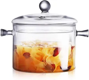 1400ml Glass Saucepan with Cover, Stovetop Cooking Pot and Pan with Lid and Handle Simmer Pot Clear Soup Pot, High Borosilicate Glass Cookware