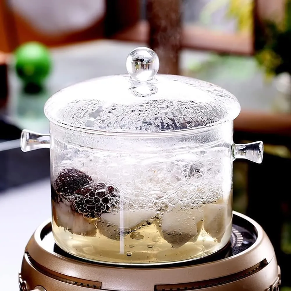 1400ml Glass Saucepan with Cover, Stovetop Cooking Pot and Pan with Lid and Handle Simmer Pot Clear Soup Pot, High Borosilicate Glass Cookware