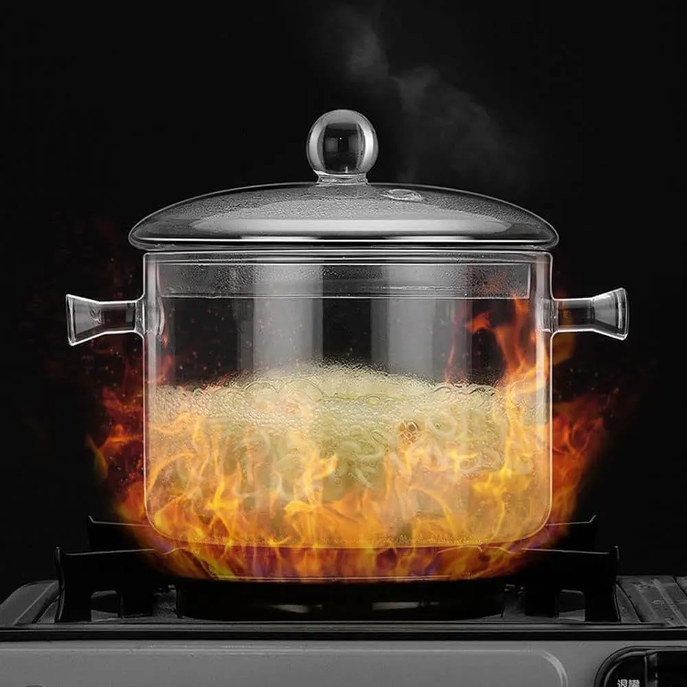 1400ml Glass Saucepan with Cover, Stovetop Cooking Pot and Pan with Lid and Handle Simmer Pot Clear Soup Pot, High Borosilicate Glass Cookware