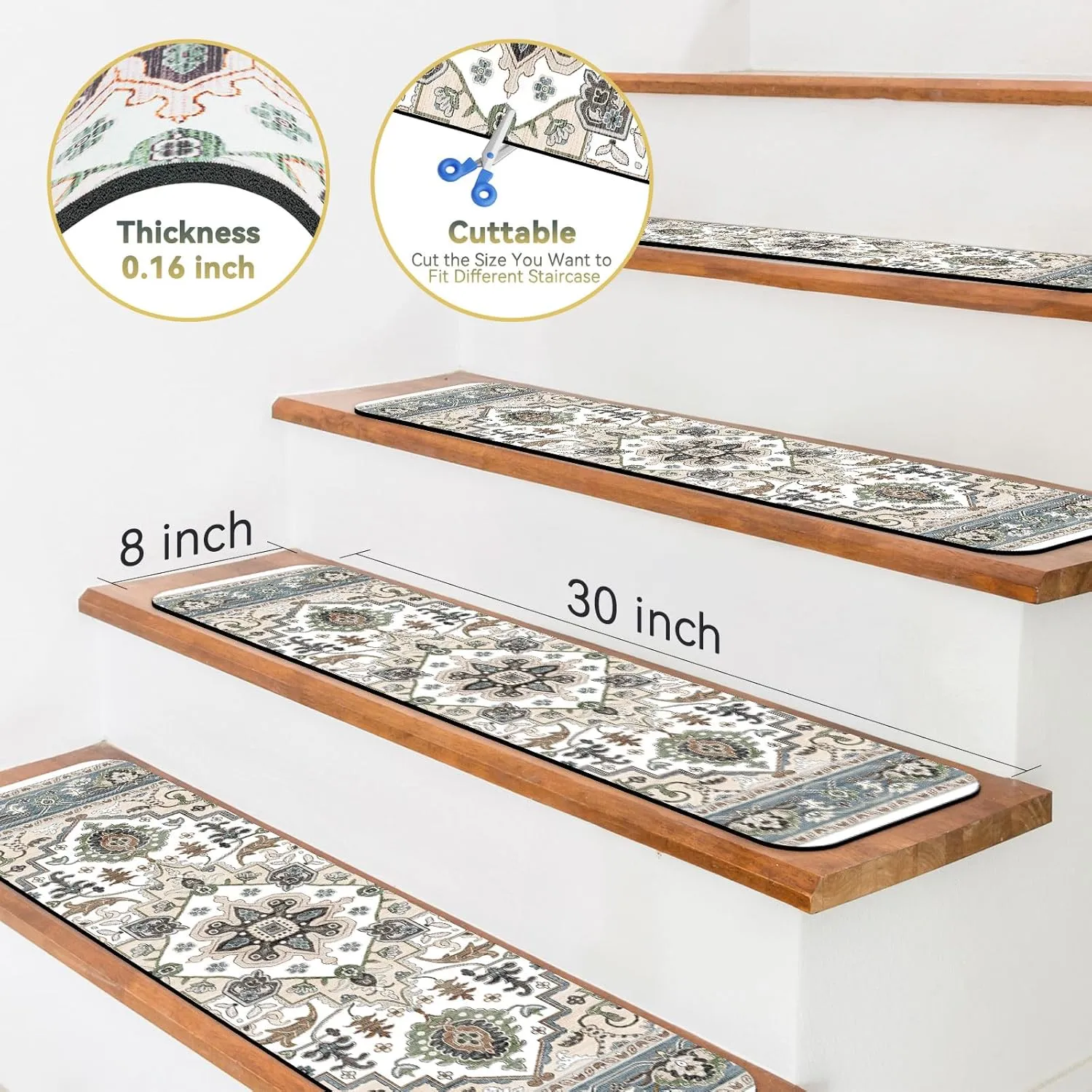 15 PCS Carpet Stair Treads for Wooden Steps 30inX8in Indoor Non Slip Stair Runner Reusable Edging Stair Rugs Rubber Backing Safety Mats for Kids Elders and Pets,Green & Beige