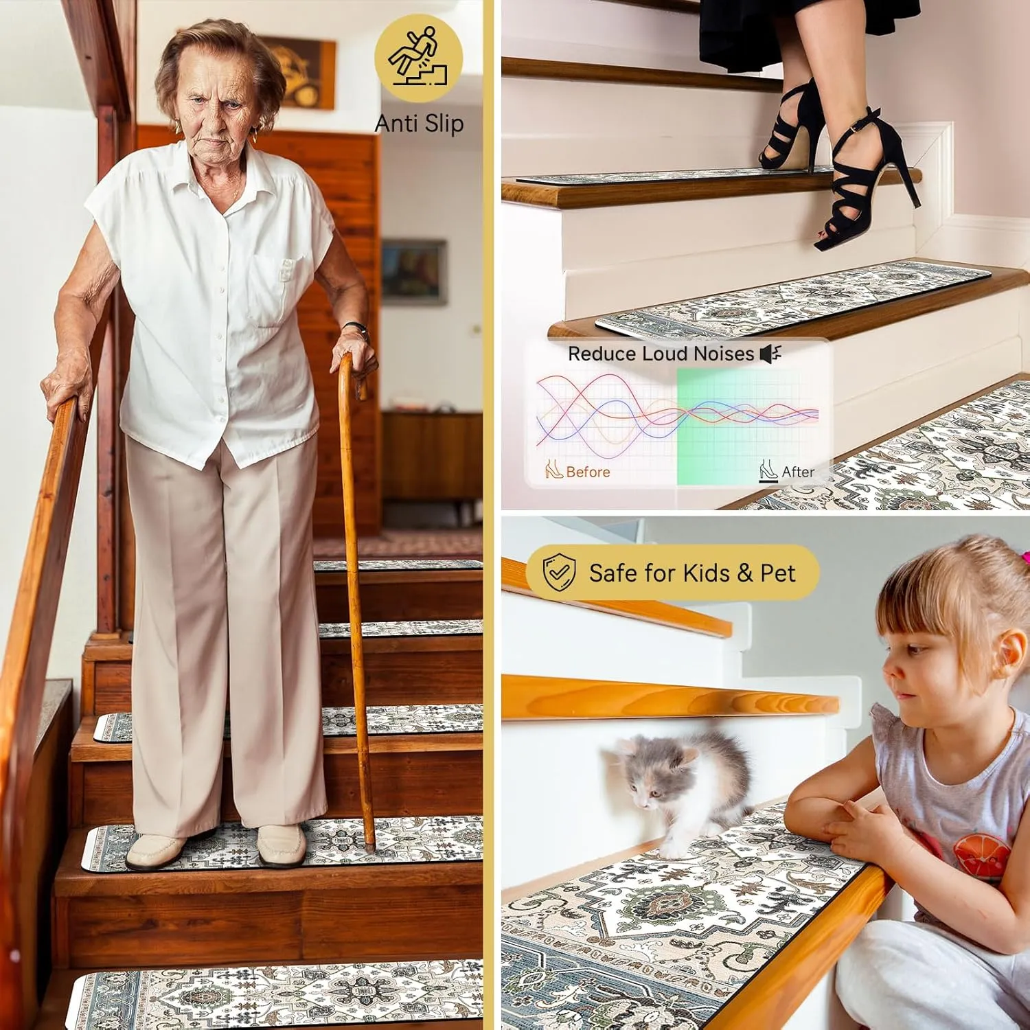15 PCS Carpet Stair Treads for Wooden Steps 30inX8in Indoor Non Slip Stair Runner Reusable Edging Stair Rugs Rubber Backing Safety Mats for Kids Elders and Pets,Green & Beige