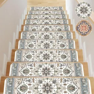 15 PCS Carpet Stair Treads for Wooden Steps 30inX8in Indoor Non Slip Stair Runner Reusable Edging Stair Rugs Rubber Backing Safety Mats for Kids Elders and Pets,Green & Beige