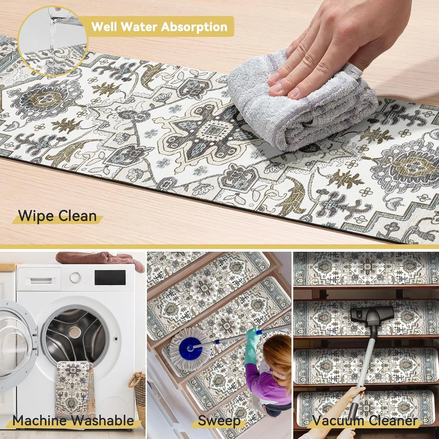 15 PCS Carpet Stair Treads for Wooden Steps 30inX8in Indoor Non Slip Stair Runner Reusable Edging Stair Rugs Rubber Backing Safety Mats for Kids Elders and Pets,Green & Beige