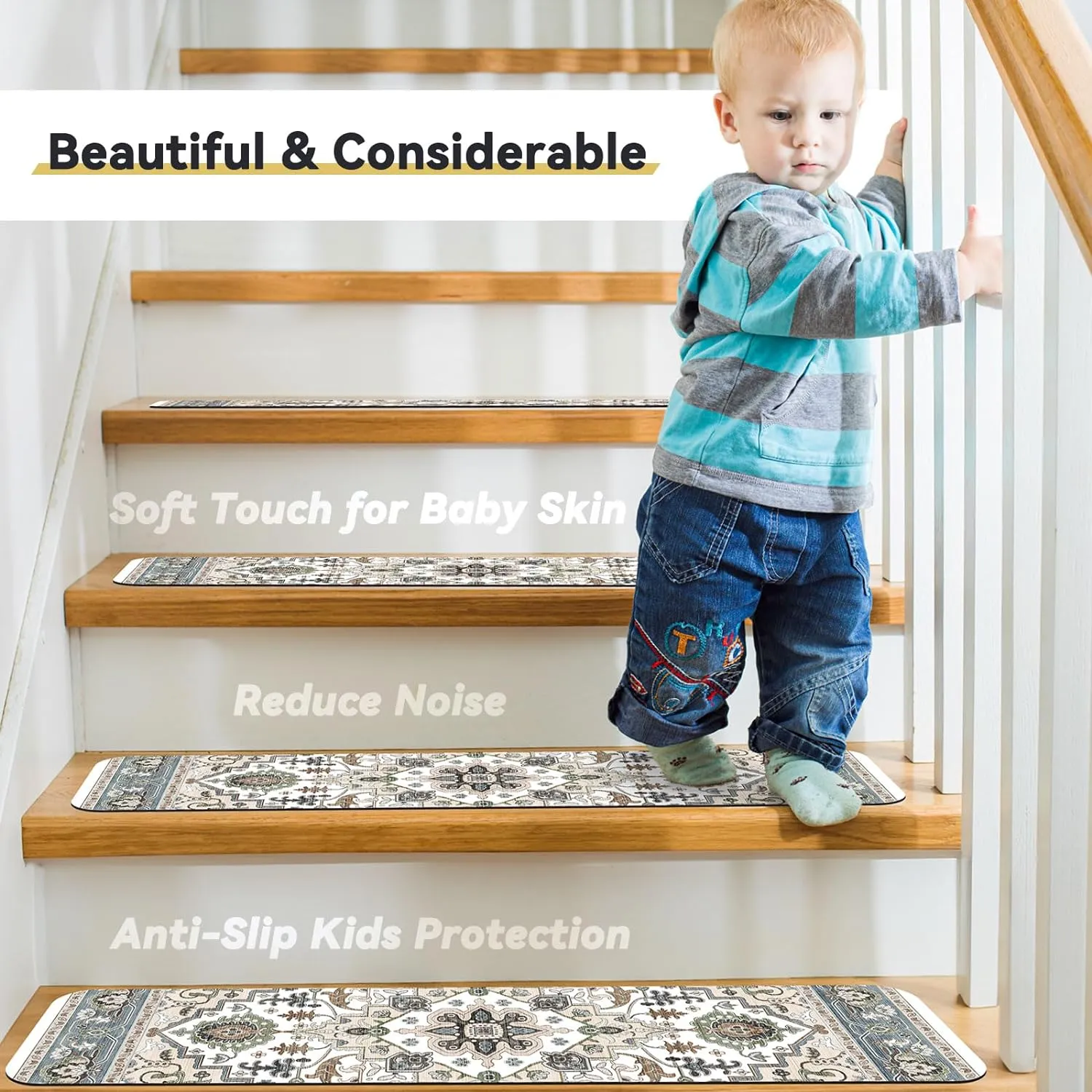 15 PCS Carpet Stair Treads for Wooden Steps 30inX8in Indoor Non Slip Stair Runner Reusable Edging Stair Rugs Rubber Backing Safety Mats for Kids Elders and Pets,Green & Beige