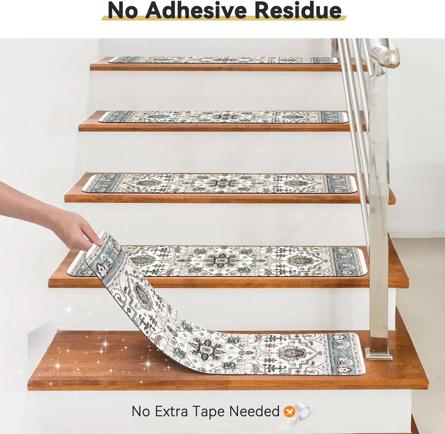 15 PCS Carpet Stair Treads for Wooden Steps 30inX8in Indoor Non Slip Stair Runner Reusable Edging Stair Rugs Rubber Backing Safety Mats for Kids Elders and Pets,Green & Beige