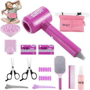 15PCS Hair Salon Toys for Girls，Kids Beauty Salon Toy Kit Pretend Hair Styling Set with Blow Dryer, Stylist Toolbag，Scissors and Stylist Accessories