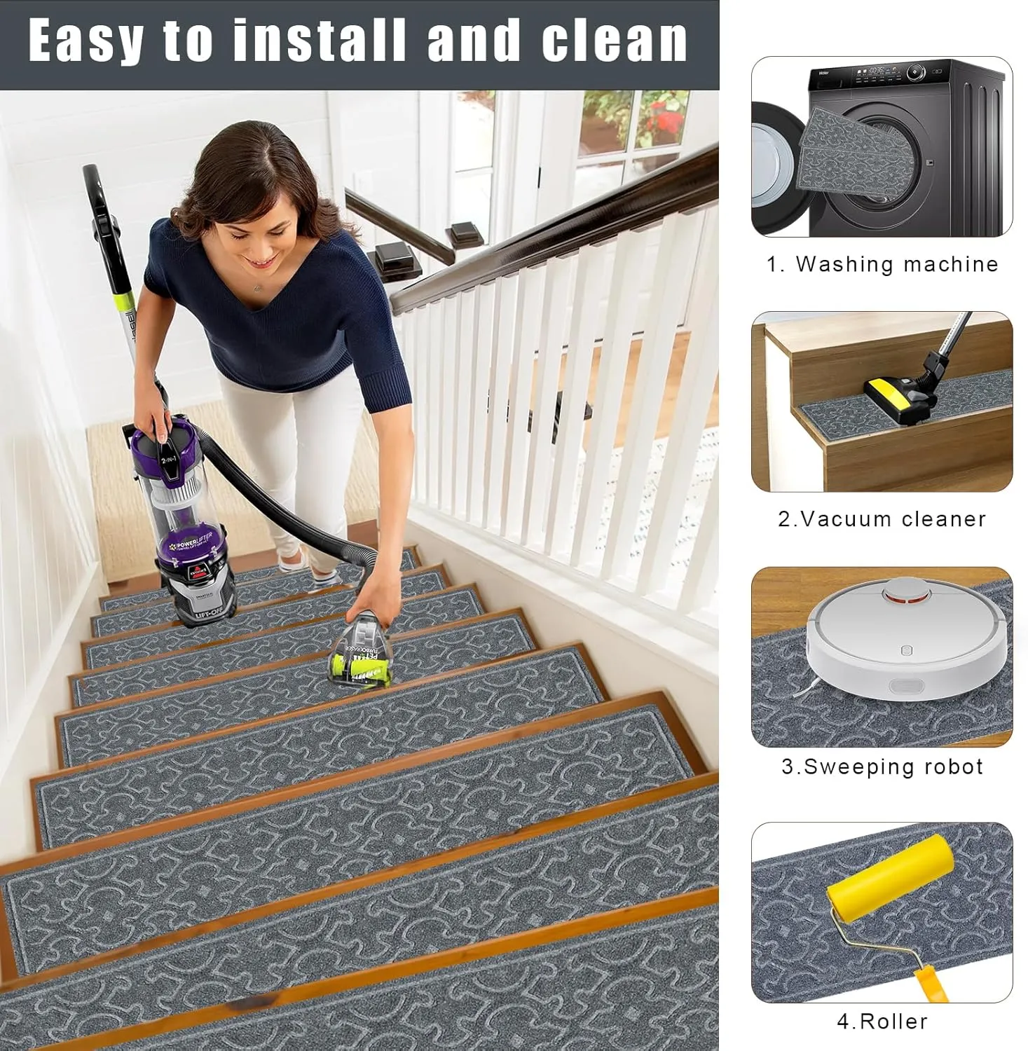 15Pcs Stair Treads for Wooden Steps Indoor with Self Adhesive, 8"x30" Non Slip Stair Runners-Peel & Stick Indoor Stair Carpet Runner, Resistant Indoor Runner for Kids、Elders and Pets, Grey