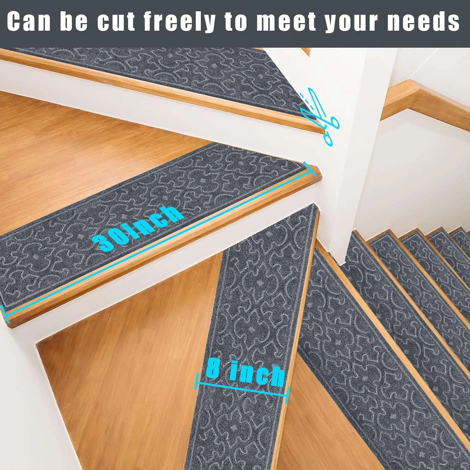 15Pcs Stair Treads for Wooden Steps Indoor with Self Adhesive, 8"x30" Non Slip Stair Runners-Peel & Stick Indoor Stair Carpet Runner, Resistant Indoor Runner for Kids、Elders and Pets, Grey