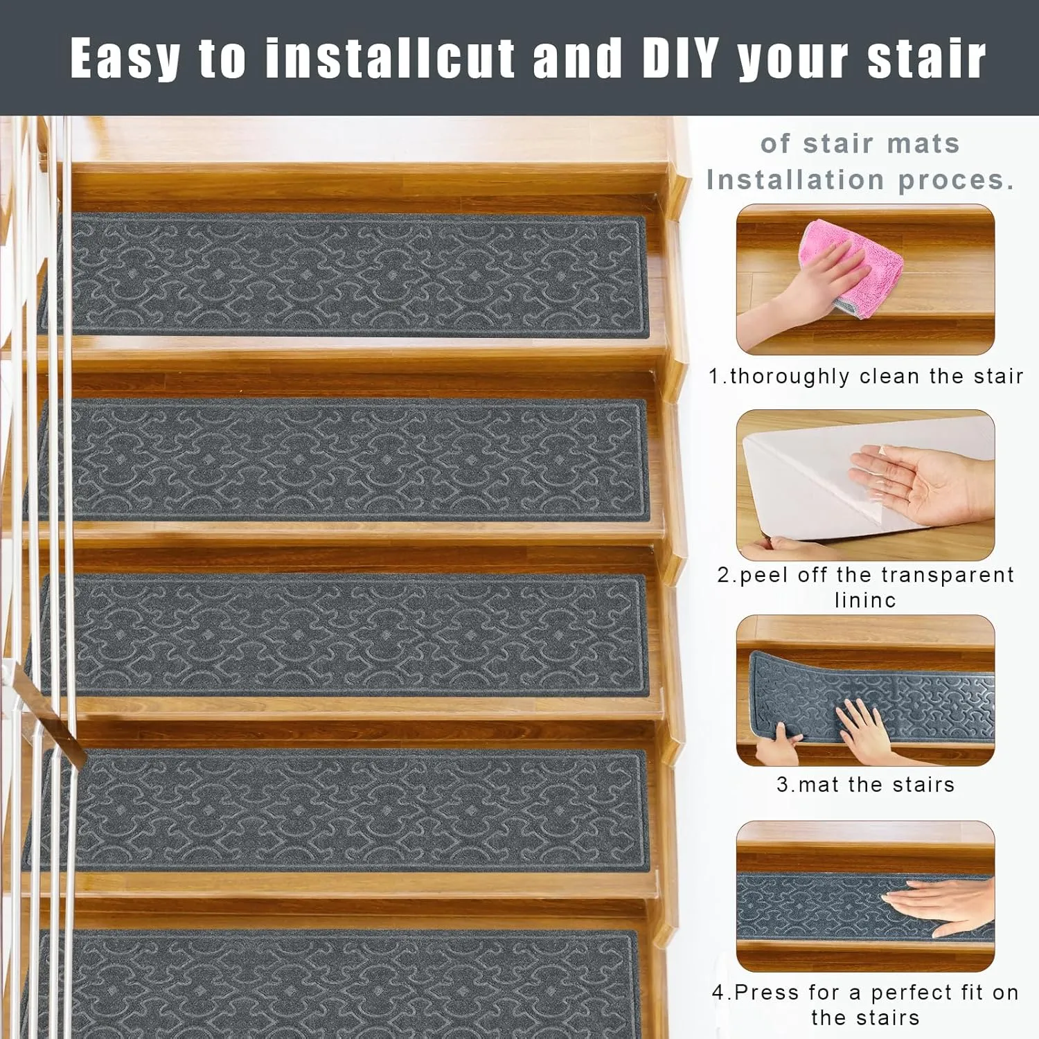 15Pcs Stair Treads for Wooden Steps Indoor with Self Adhesive, 8"x30" Non Slip Stair Runners-Peel & Stick Indoor Stair Carpet Runner, Resistant Indoor Runner for Kids、Elders and Pets, Grey