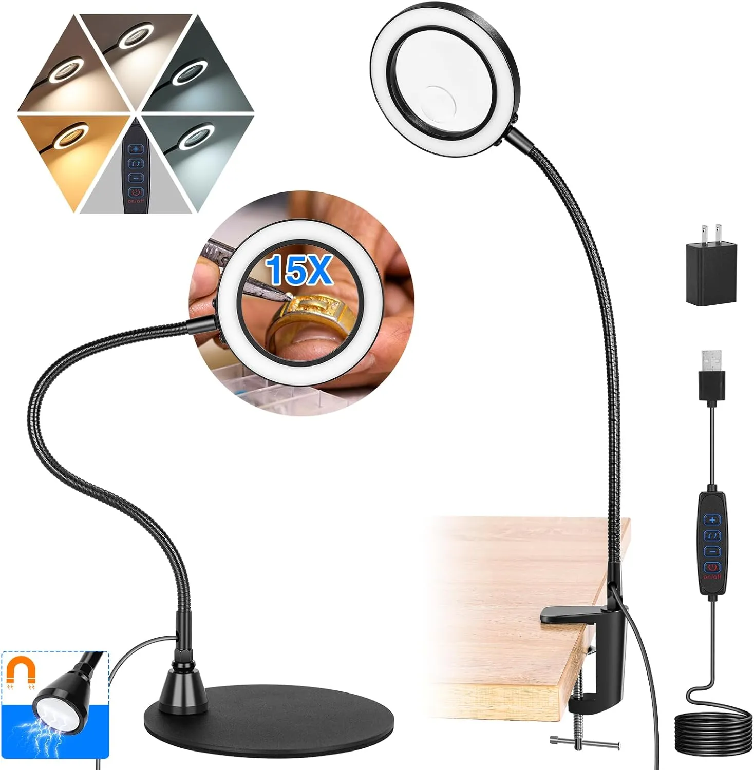 15X Magnifying Glass with Light and Stand, Lighted Magnifying Glass, Magnifying Lamp10 Dimmable Brightness 5 Color Modes, Magnifying Glass for Reading Crafts Repair Painting Close Work