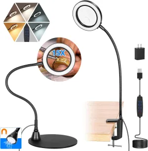 15X Magnifying Glass with Light and Stand, Lighted Magnifying Glass, Magnifying Lamp10 Dimmable Brightness 5 Color Modes, Magnifying Glass for Reading Crafts Repair Painting Close Work