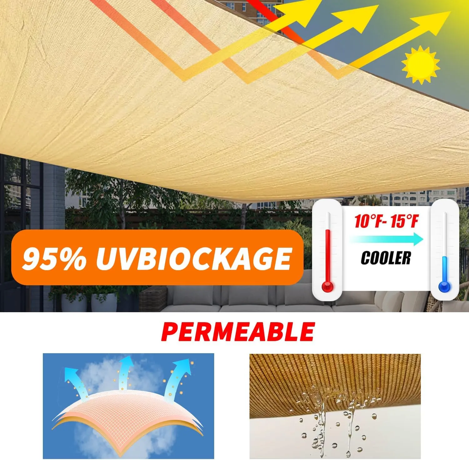 16' x 20' Rectangular Sun Sail Shades Canopy UV Block Outdoor Shades for Patio Garden Backyard Pergola Shade Cover Sand