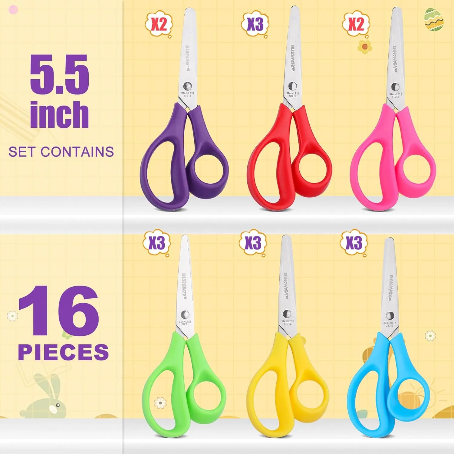 16Pack 5.5" Safety Small School Kids Student Round Blunt Tip Craft Scissors Bulk, Stainless Steel Blades Comfort Grip Scissors for Kid Children Kindergarten Cutting Paper